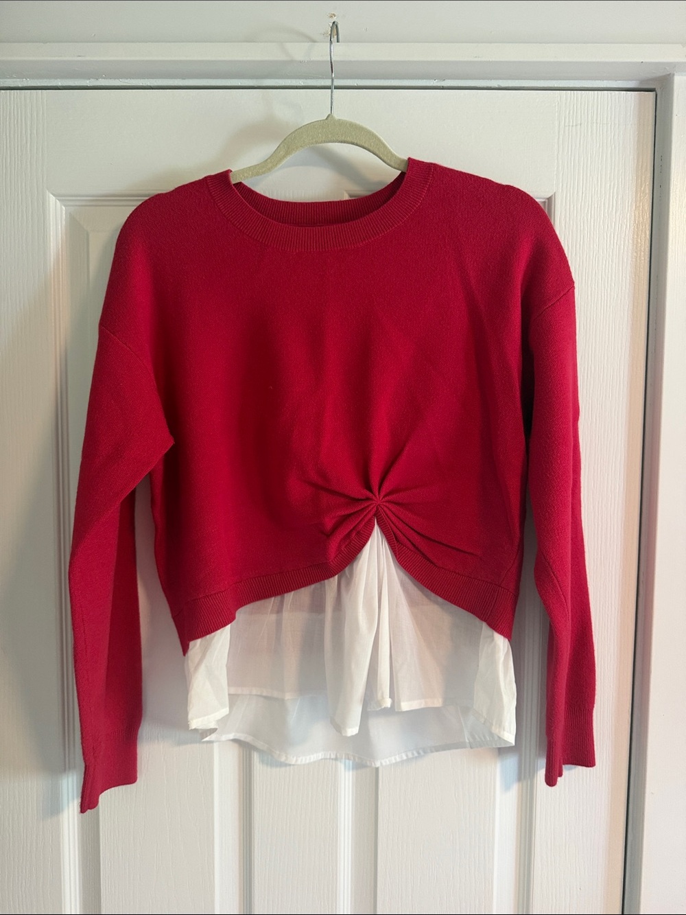 Mauve Red Knit Pullover with White Layered Hem